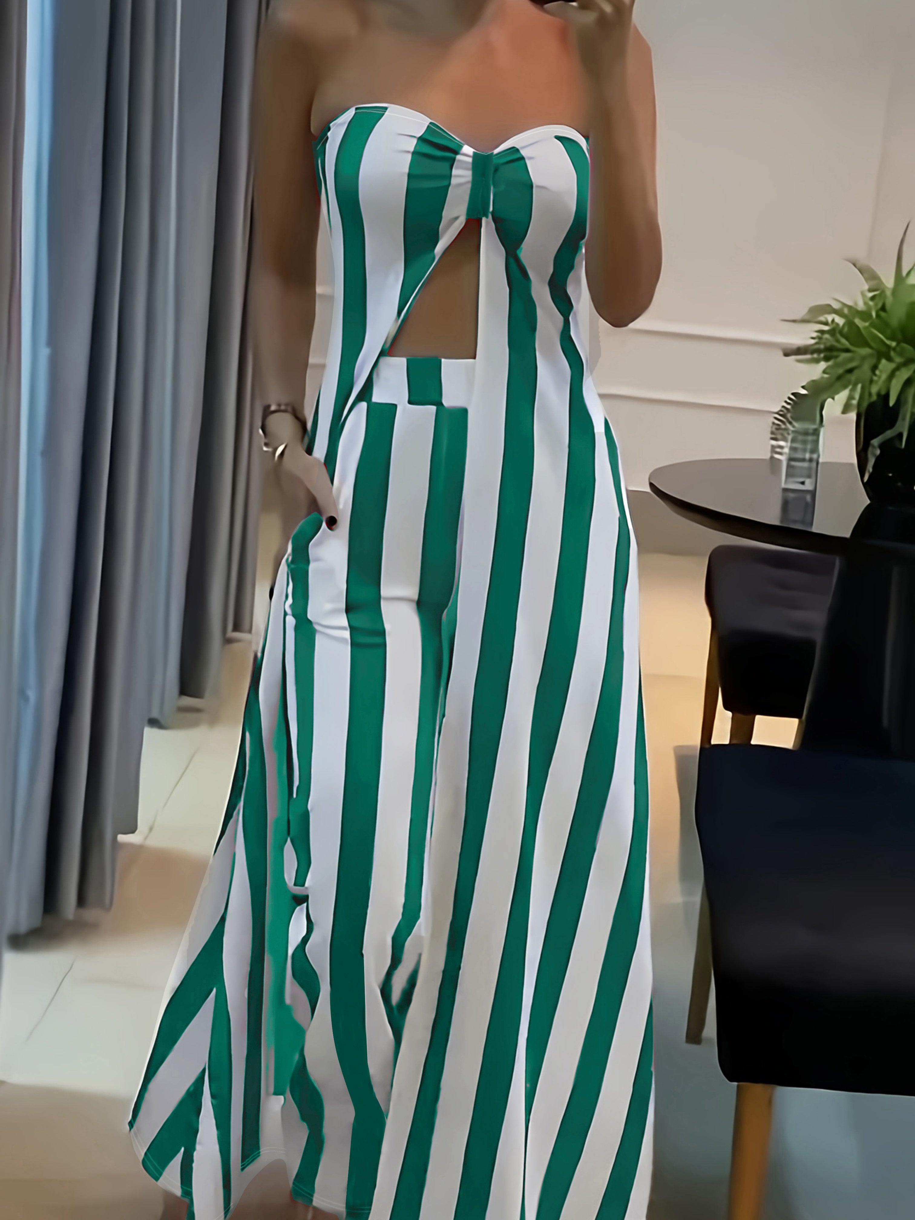 Casual Stripe Print Pants Set, Sweetheart Neck Split Hem Longline Tube Top & High Waist Flare Leg Pants Outfits, Women's Clothing